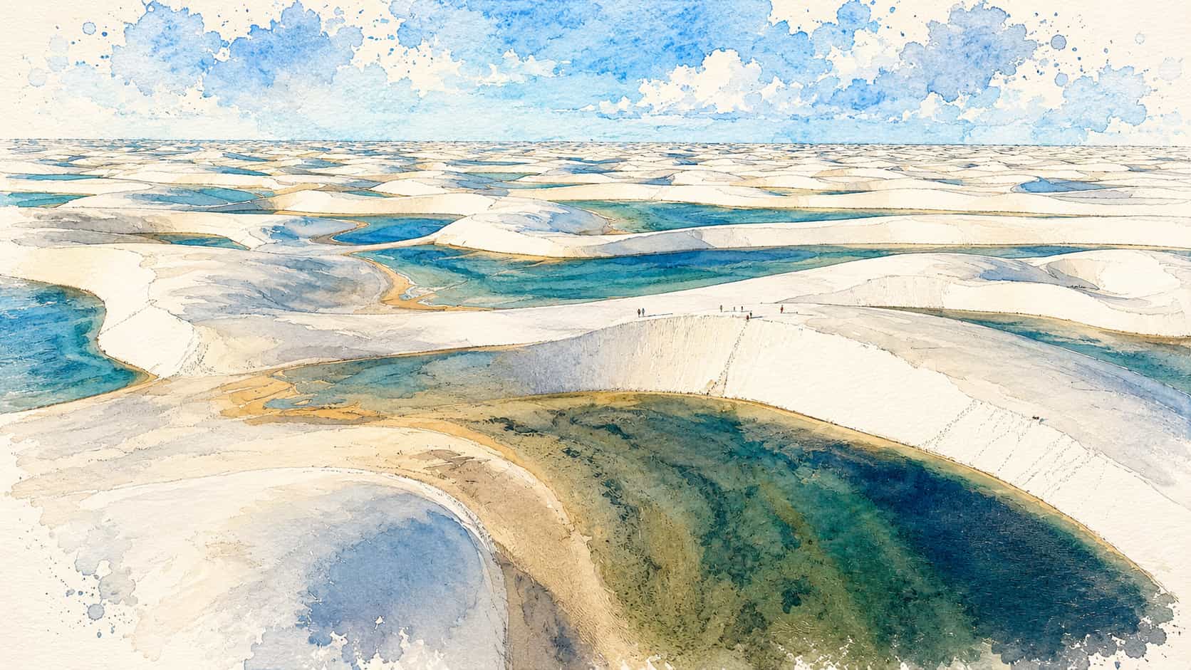 Vista aérea aquarelada dos Lençóis Maranhenses, dunas e lagoas